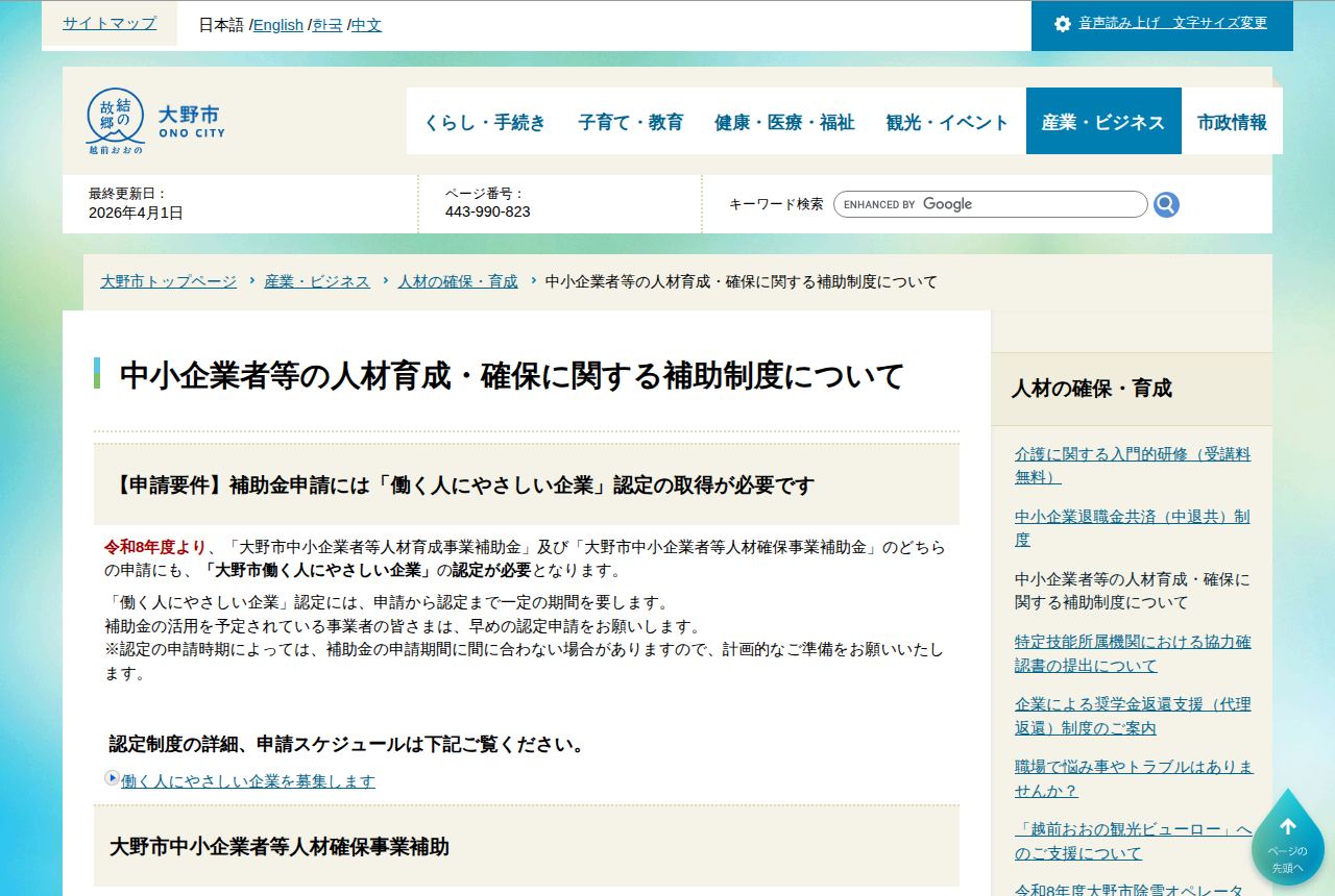 大野市公式サイトの画面。CSSが読み込まれずリンク一覧のまま表示されており、くらし・手続きや地域づくり、防災・安全、子育て・教育などのメニュー項目が並ぶのみで、補助制度の本文内容は確認できない。