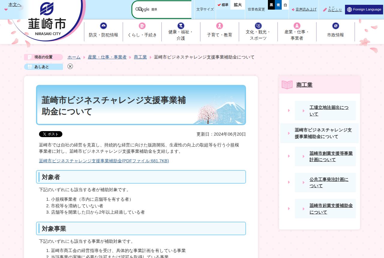 韮崎市の公式サイトにある「韮崎市ビジネスチャレンジ支援事業補助金について」の案内ページ。更新日2024年06月20日の表示と、小規模事業者向けの説明文、対象者・対象事業の条件が箇条書きで示されている。
