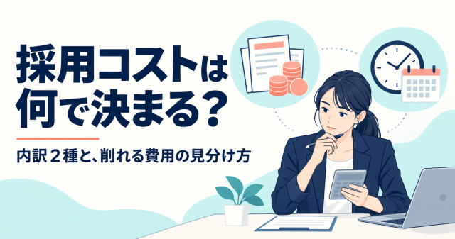 採用コストは何で決まるかを解説する記事の表紙。書類と硬貨、時計とカレンダーを前に考える担当者で、内訳2種と削れる費用の見分け方を示している。