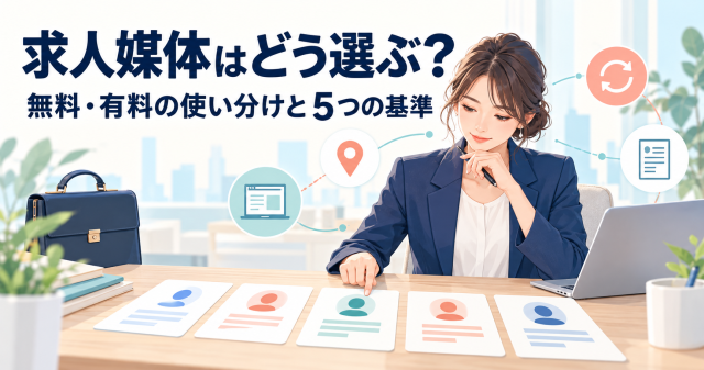 求人媒体の選び方を解説する記事の表紙。並べた求人カードを見比べる担当者で、無料・有料の使い分けと5つの基準を示している。