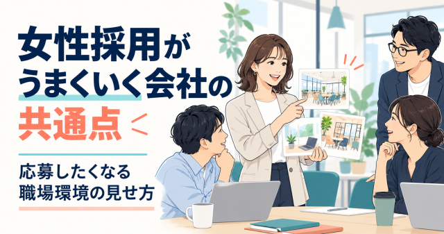 女性採用がうまくいく会社の共通点を解説する記事の表紙。職場の写真を見せながら話し合う社員たちで、応募したくなる職場環境の見せ方を示している。