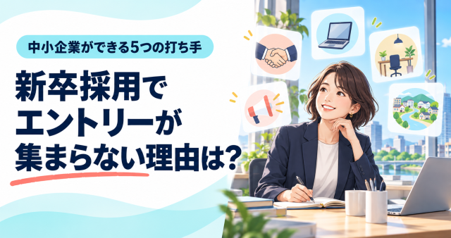 新卒採用でエントリーが集まらない理由は？中小企業ができる5つの打ち手を、採用担当者と5枚の情報カードで表したイラスト。