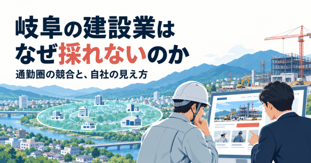 岐阜の建設業はなぜ採れないのかを解説する記事の表紙。通勤圏の競合と自社の見え方を、岐阜の街並みと建設現場を背景に画面を確認する2人で示している。