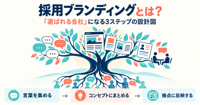 採用ブランディングを解説する記事の表紙。社員の言葉から育つ木のイラストで、言葉を集める、コンセプトにまとめる、接点に反映するの3ステップを示している。