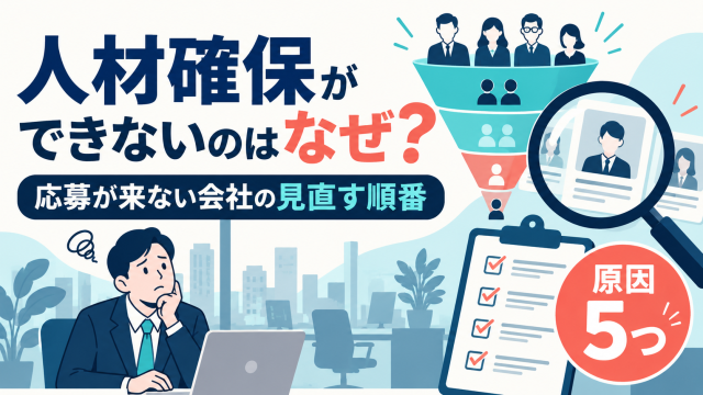 人材確保ができない理由と、応募が来ない会社の見直す順番を解説する記事の表紙。応募者が絞られていくファネルと、原因5つを示している。