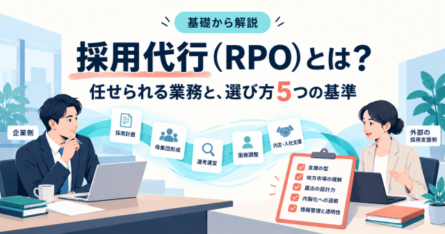 採用代行（RPO）を基礎から解説する記事の表紙。採用計画から内定・入社支援まで任せられる業務と、選び方5つの基準を、企業側と外部の採用支援側の対話で示している。