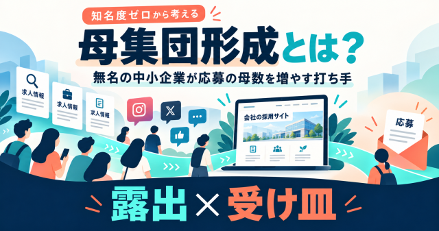 知名度ゼロから考える母集団形成を解説する記事の表紙。求人情報やSNSから採用サイトを経て応募へ向かう人の流れで、露出×受け皿を示している。