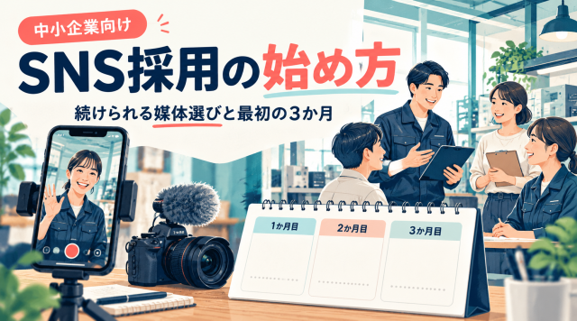 中小企業向けにSNS採用の始め方を解説する記事の表紙。スマートフォンで撮影する社員やカレンダーを囲むチームで、続けられる媒体選びと最初の3か月を示している。