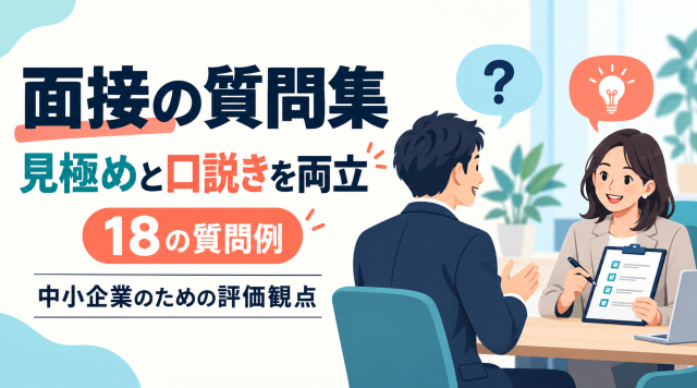中小企業向けの面接の質問集を紹介する記事の表紙。見極めと口説きを両立する18の質問例と評価観点を、面接の場面で示している。
