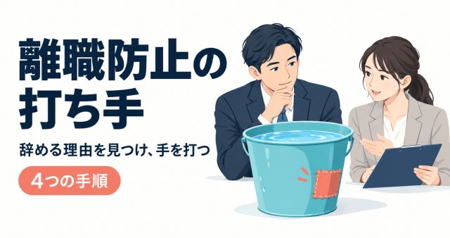離職防止の打ち手を解説する記事の表紙。穴のあいたバケツを前に、辞める理由を見つけて手を打つ4つの手順を示している。