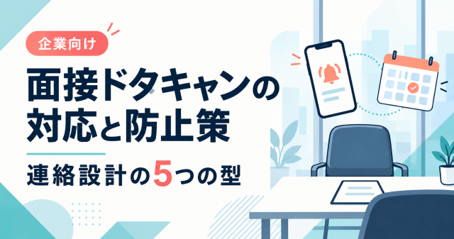 企業向けに面接ドタキャンの対応と防止策を解説する記事の表紙。空いた面接席とスマートフォン、カレンダーで、連絡設計の5つの型を示している。