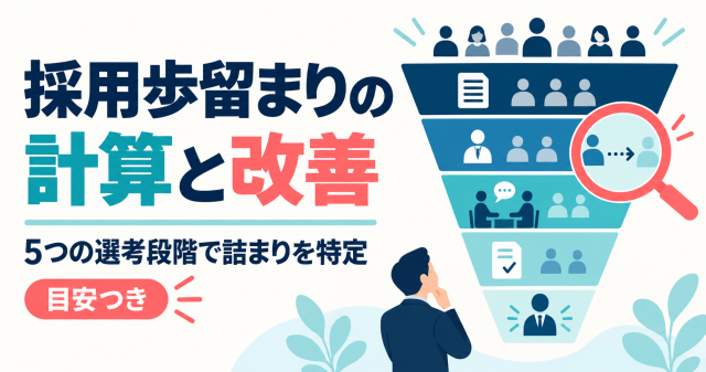 採用歩留まりの計算と改善を解説する記事の表紙。応募から入社までのファネルと、5つの選考段階で詰まりを特定する様子を示している。