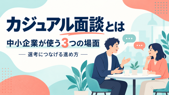 カジュアル面談とは何かを解説する記事の表紙。中小企業が使う3つの場面と選考につなげる進め方を、テーブルを囲んで話す2人で示している。
