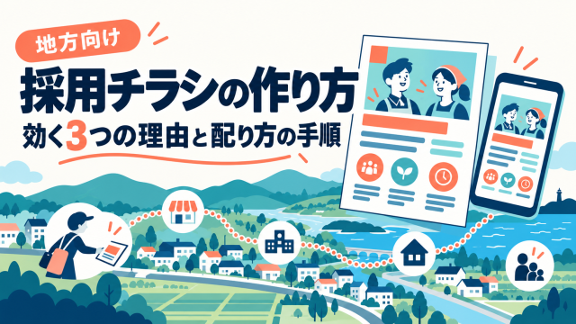地方向けに採用チラシの作り方を解説する記事の表紙。地域の家や店へチラシを届ける様子と、チラシとスマートフォンの採用ページで、効く3つの理由と配り方の手順を示している。
