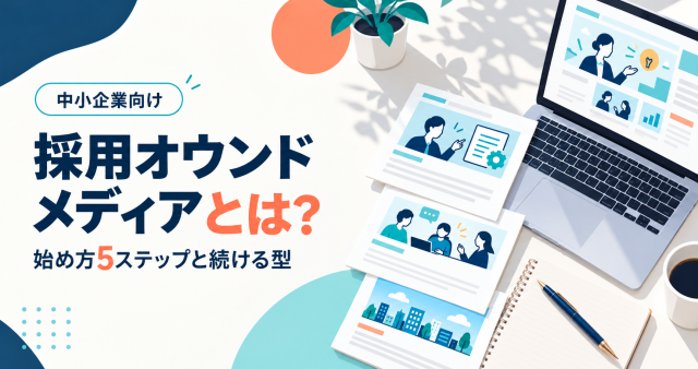 中小企業向けに採用オウンドメディアを解説する記事の表紙。社員の姿を載せた記事とノートパソコンで、始め方5ステップと続ける型を示している。