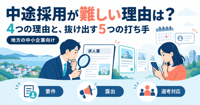 地方の中小企業向けに、中途採用が難しい4つの理由と抜け出す5つの打ち手を解説する記事の表紙。求人票を確かめる担当者とスマートフォンを見る求職者で、要件・露出・選考対応を示している。