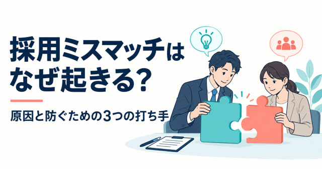 採用ミスマッチはなぜ起きるかを解説する記事の表紙。パズルのピースを合わせる2人で、原因と防ぐための3つの打ち手を示している。