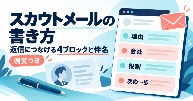 例文つきでスカウトメールの書き方を解説する記事の表紙。理由・会社・役割・次の一歩を並べたメール画面で、返信につなげる4ブロックと件名を示している。