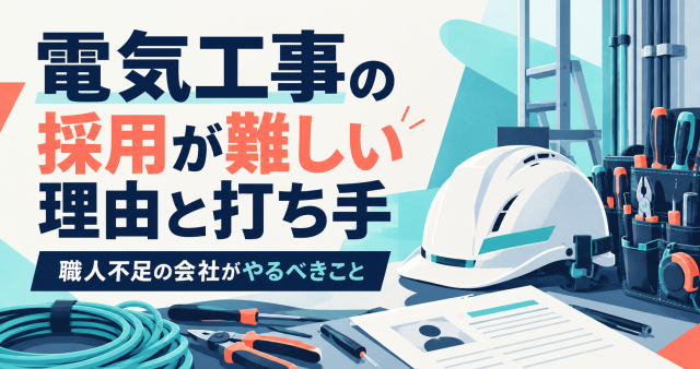 電気工事の採用が難しい理由と打ち手を解説する記事の表紙。ヘルメットや工具、ケーブルを背景に、職人不足の会社がやるべきことを示している。
