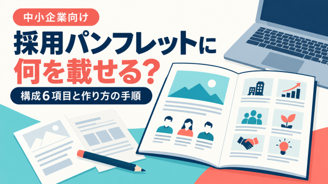 中小企業向けに採用パンフレットに何を載せるかを解説する記事の表紙。開いた冊子とノートパソコンで、構成6項目と作り方の手順を示している。