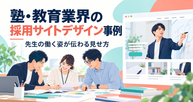 塾・教育業界の採用サイトデザインと、先生の働く姿が伝わる見せ方を紹介する表紙。