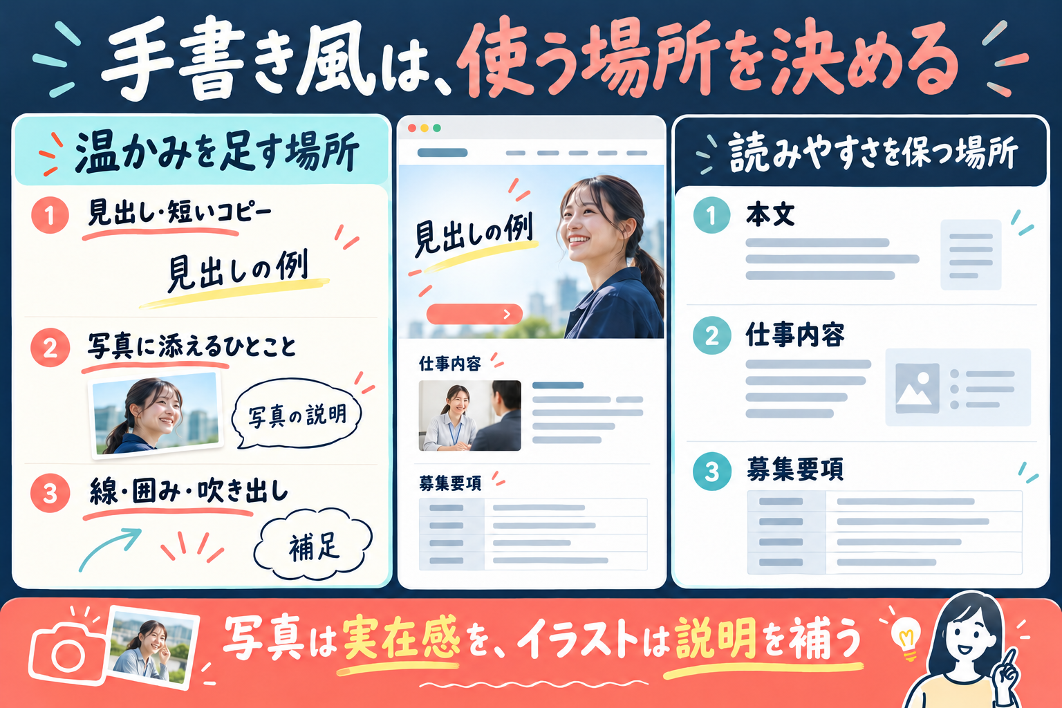 手書き風を見出しや写真の説明、あしらいに使い、本文・仕事内容・募集要項の読みやすさを保つ役割分担を示した比較図。