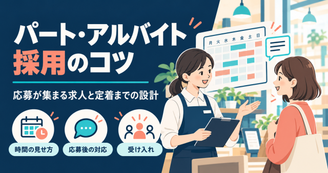 パート・アルバイト採用のコツを解説する記事の表紙。店頭で応対するスタッフと、時間の見せ方・応募後の対応・受け入れの3つのポイントを示している。