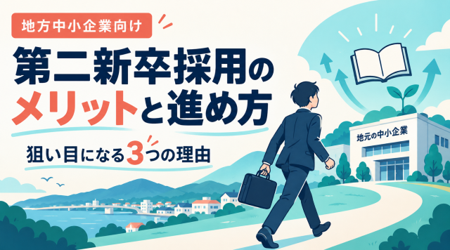 地方の中小企業向けに第二新卒採用のメリットと進め方を解説する記事の表紙。地元の中小企業へ向かう若手を描き、狙い目になる3つの理由を示している。
