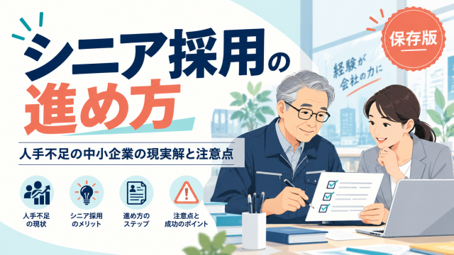 シニア採用の進め方を解説する記事の表紙。人手不足の中小企業の現実解と注意点を、書類を確認するシニアと担当者で示している。