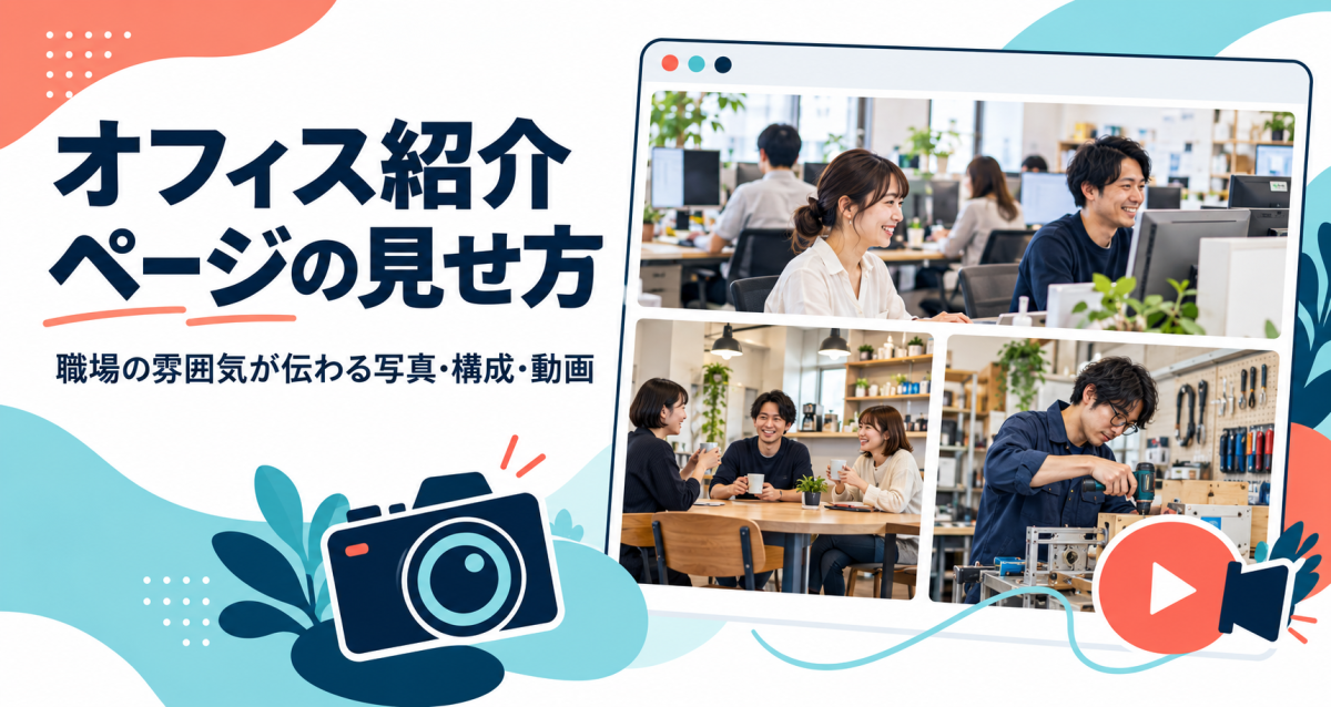 オフィス紹介ページで職場の雰囲気を伝える写真・構成・動画の見せ方を紹介する表紙。