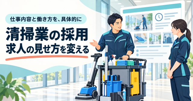 清掃業の求人で仕事内容と働き方を具体的に伝える。清掃用具を前に説明するスタッフのイラスト。