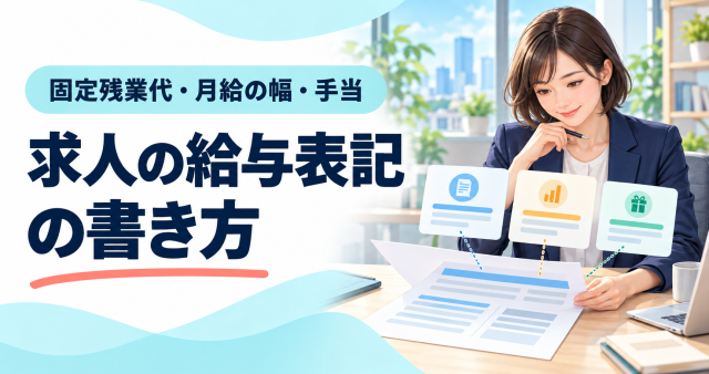 求人の給与表記の書き方。固定残業代・月給の幅・手当を、書類と3枚の情報カードで表したイラスト。
