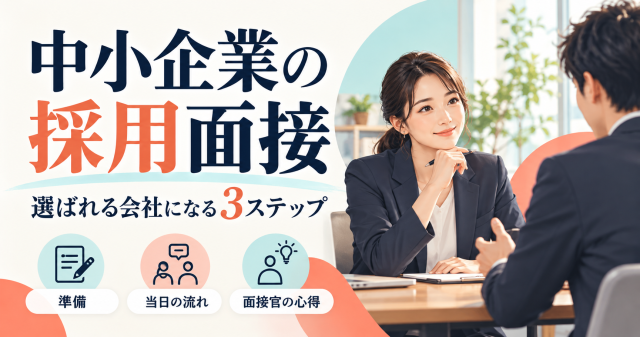 【完全ガイド】中小企業のための採用面接のやり方｜辞退を防ぎ「選ばれる会社」になる3ステップのテーマを表したカバー画像。