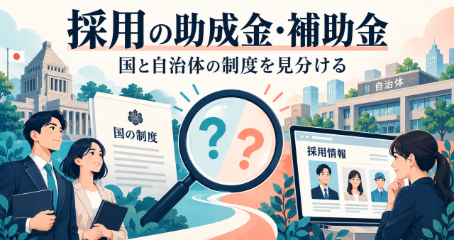 採用に使える国の助成金と自治体の補助金の見分け方を解説する記事の表紙。国の制度と自治体の採用情報を虫眼鏡で見比べる人たちを描いている。
