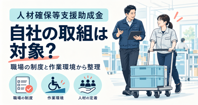 人材確保等支援助成金の対象になる取組を解説する記事の表紙。台車で荷物を運ぶ社員たちと、職場の制度・作業環境・人材の定着のアイコンで、自社の取組が対象かを整理する内容を示している。