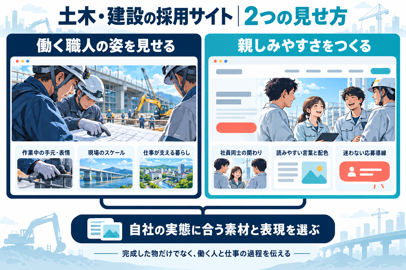 土木・建設の採用サイトを、働く職人の姿と親しみやすさの2方向で比較する図。