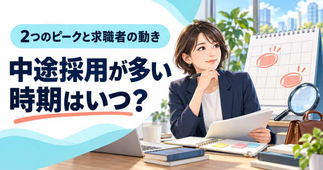 中途採用が多い時期はいつ？2つのピークと求職者の動きを、採用担当者とカレンダーで表したイラスト。