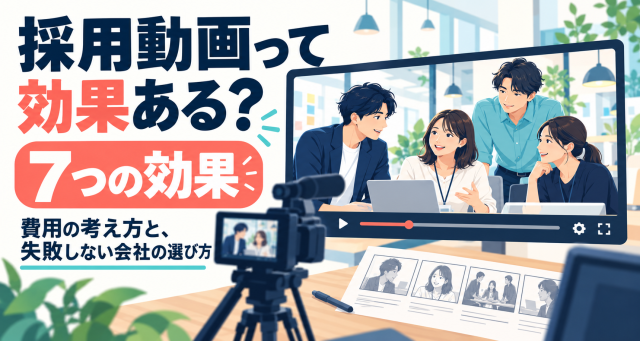採用動画の7つの効果、費用の考え方と制作会社選びを紹介する表紙。