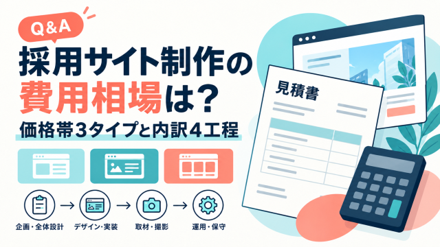 採用サイト制作の費用相場をQ&A形式で解説する記事の表紙。価格帯3タイプと、企画・全体設計から運用・保守までの内訳4工程を紹介。