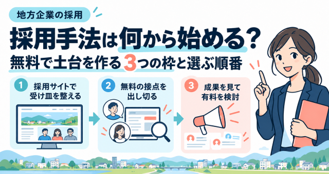 採用手法は何から始めるか、無料で土台を作る3つの枠と選ぶ順番を紹介する表紙。