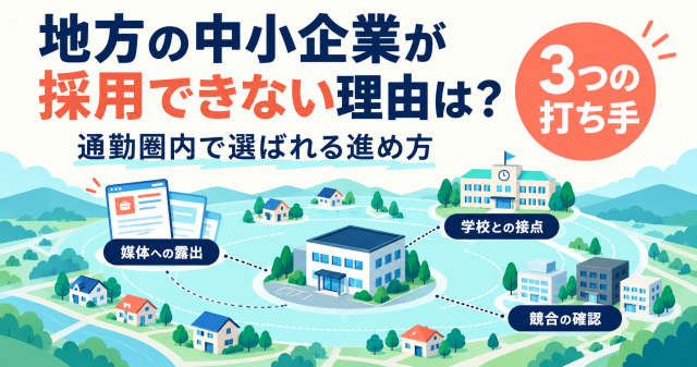 地方の中小企業が採用できない理由と、通勤圏内で選ばれる進め方を解説する記事の表紙。地域の地図上に、媒体への露出・学校との接点・競合の確認の3つの打ち手を示している。